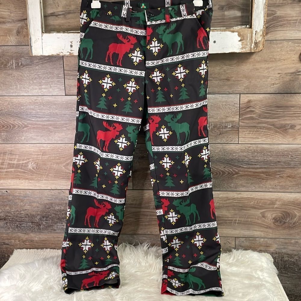 Holiday Moose Pants, Size Medium, Black with Christmas Colors,Vintage, Ugly